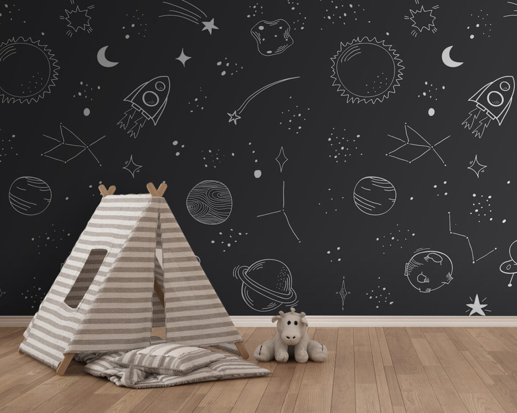 A black and white space background