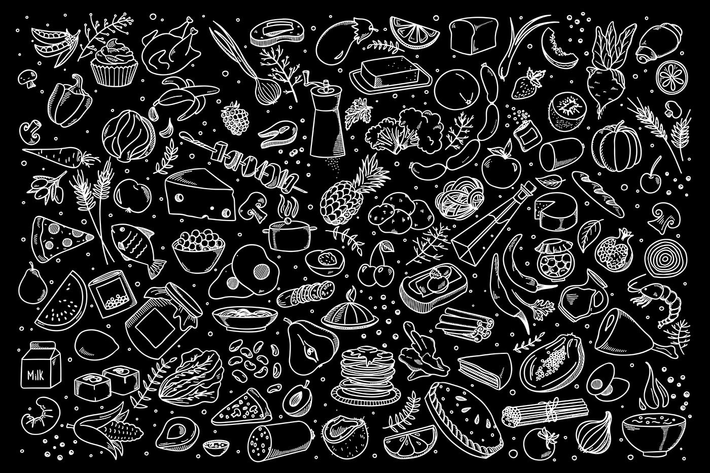A black and white drawing of food