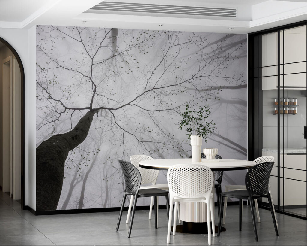 Looking up at trees in the fog