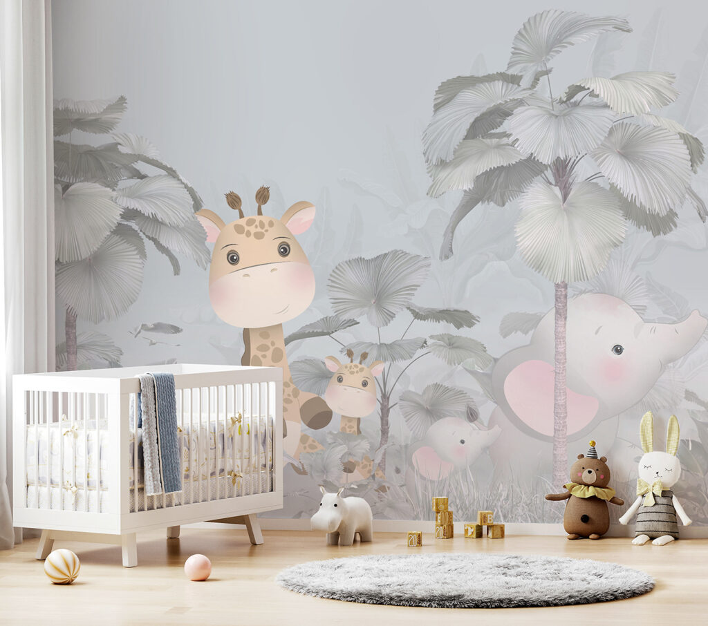 A giraffe and elephant in a forest