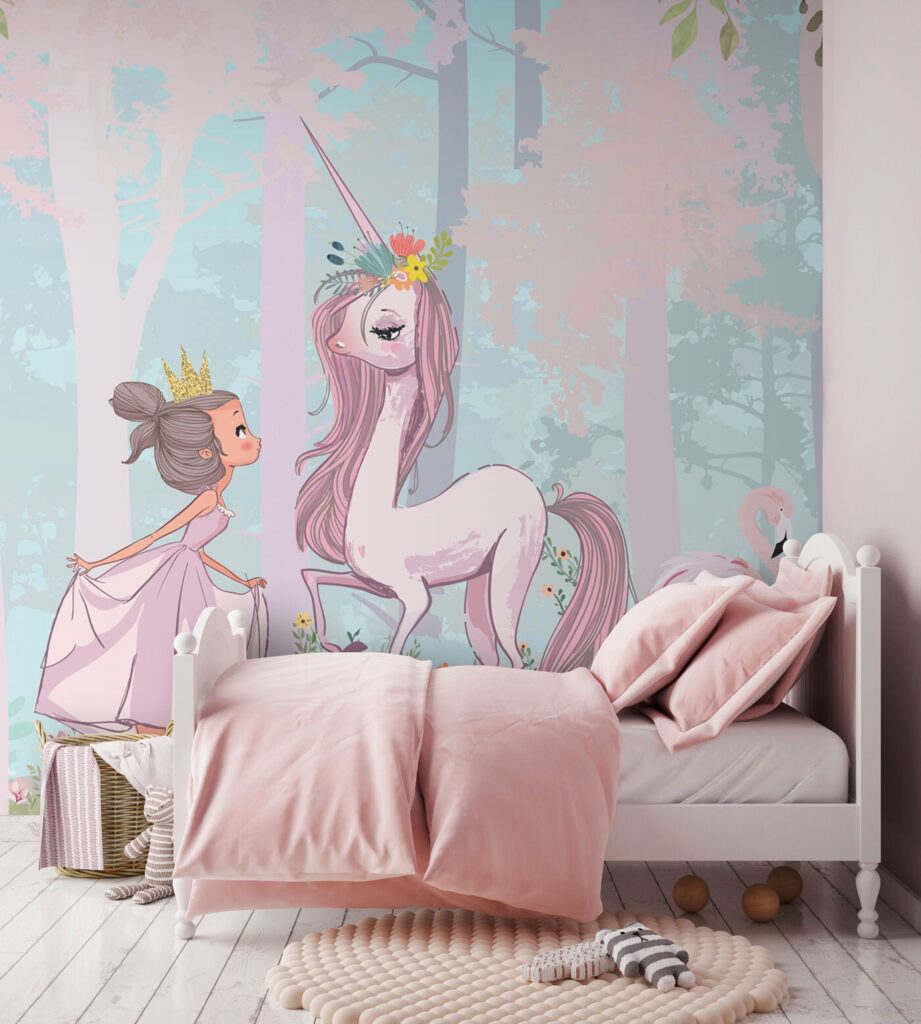 A cartoon of a girl and a unicorn in a forest