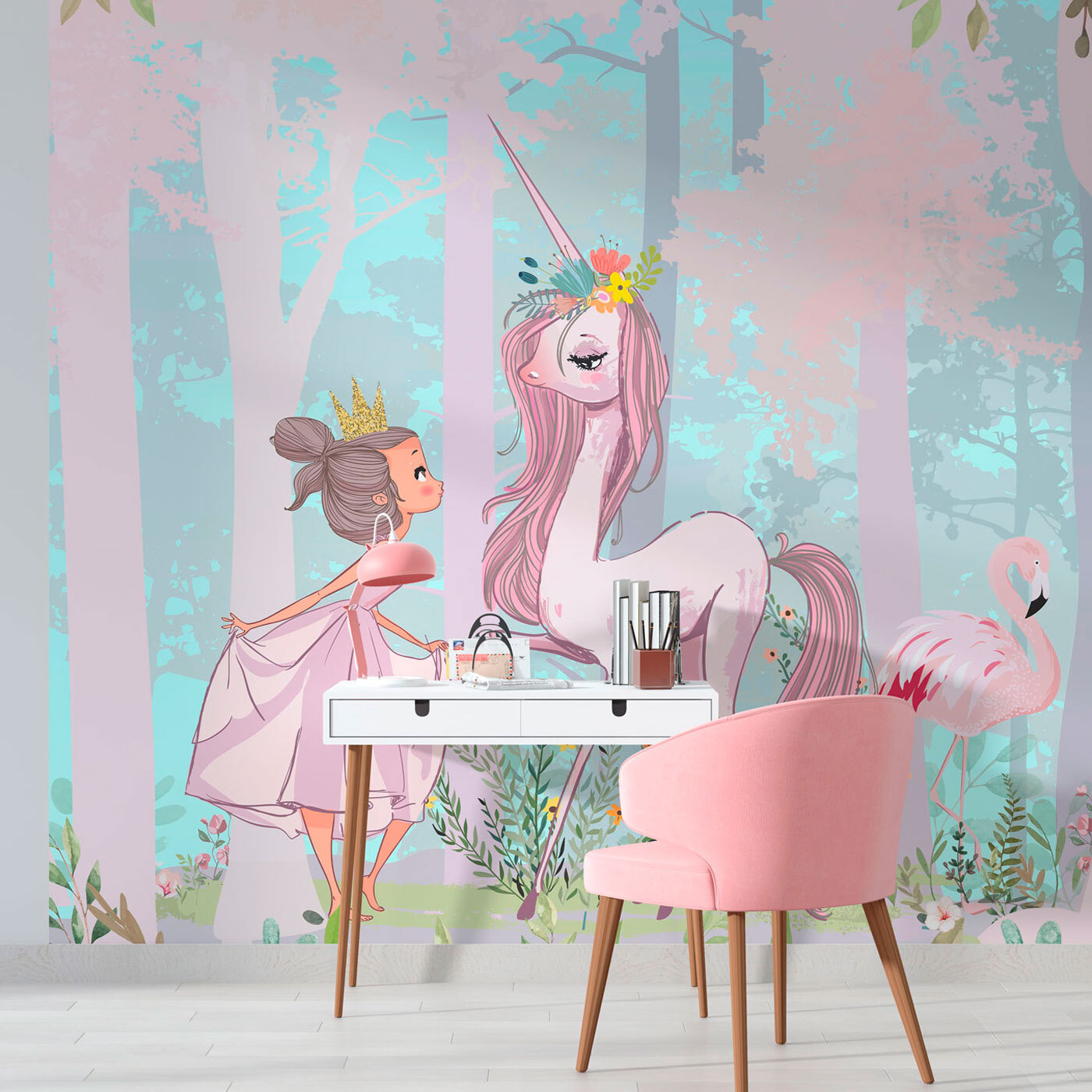 A cartoon of a girl and a unicorn in a forest