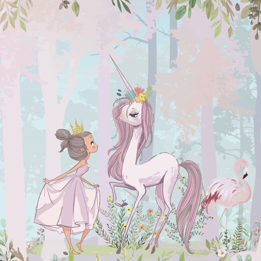 Un desen animat de o fată și un unicorn într-o pădure