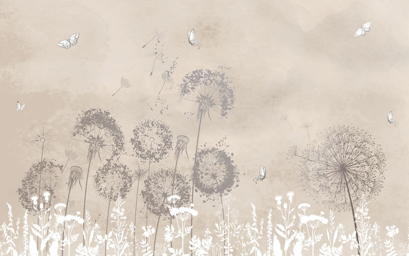 A white and grey flowers with butterflies flying in the air A white and grey flowers with butterflies flying in the air
