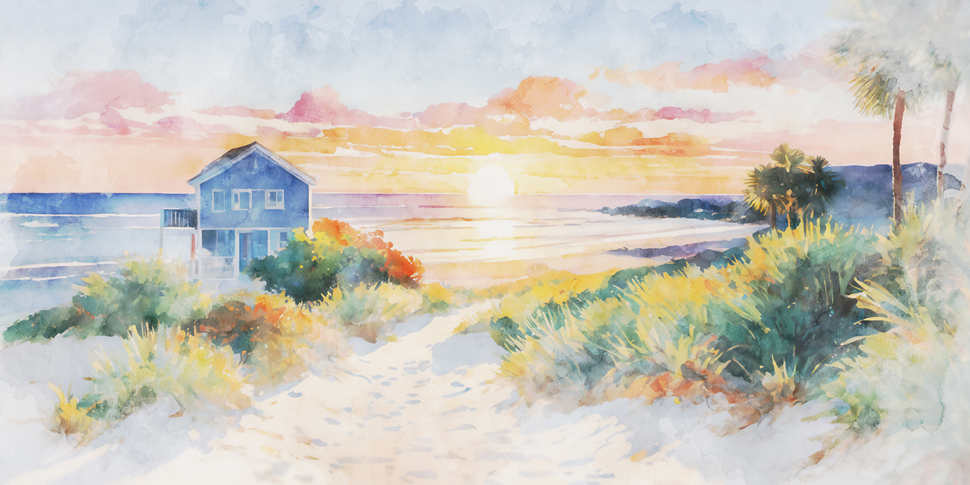 Watercolor painting of a house and a beach Watercolor painting of a house and a beach