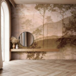 Fototapet Peisaj cețos cu copaci și dealuri