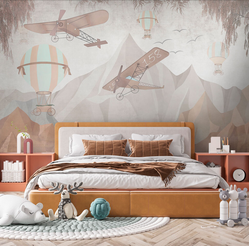 Painting of airplanes flying over mountains