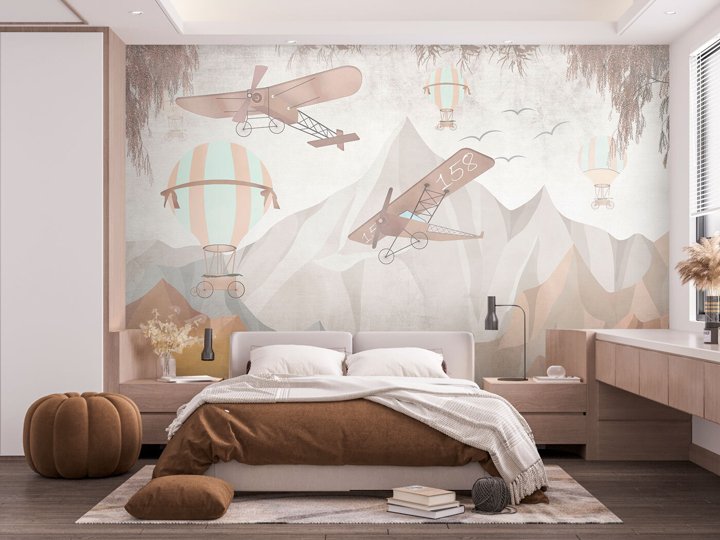 Painting of airplanes flying over mountains