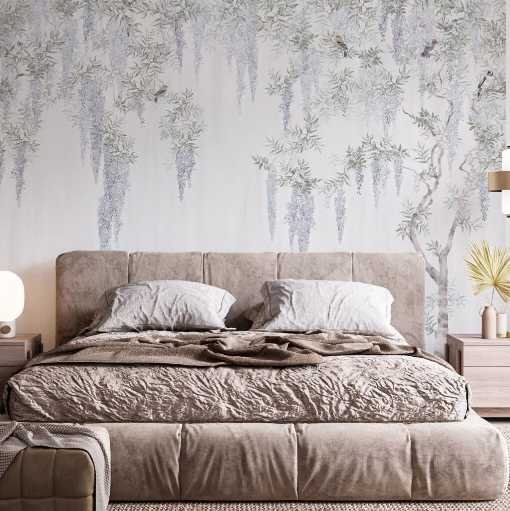 Wallpaper with flowers and birds