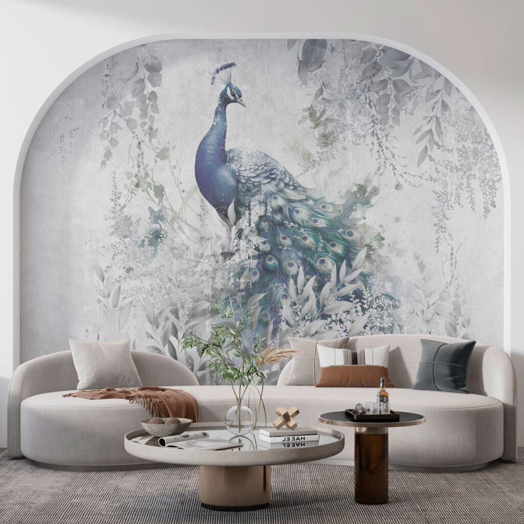 Peacock with feathers on a white background Peacock with feathers on a white background