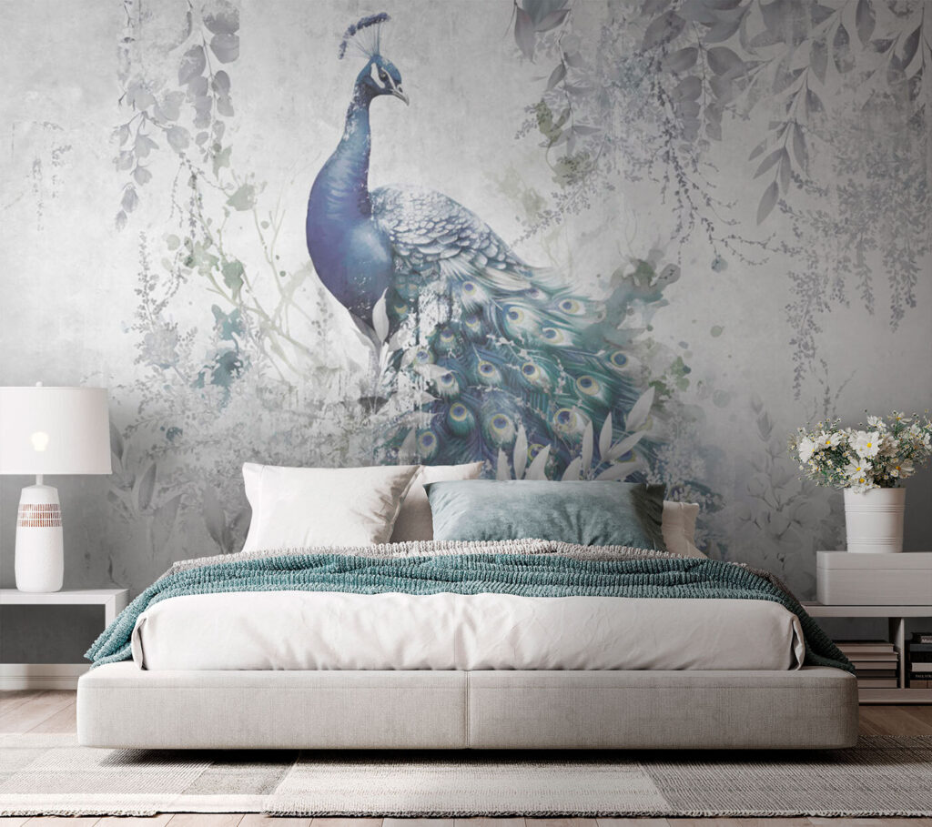Peacock with feathers on a white background Peacock with feathers on a white background