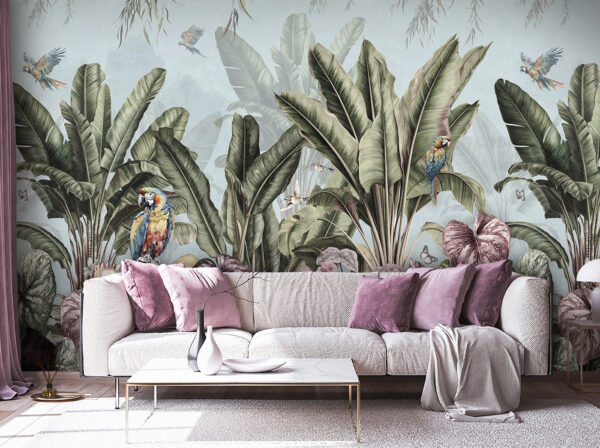 Wallpaper cu plante tropicale și păsări Wallpaper cu plante tropicale și păsări