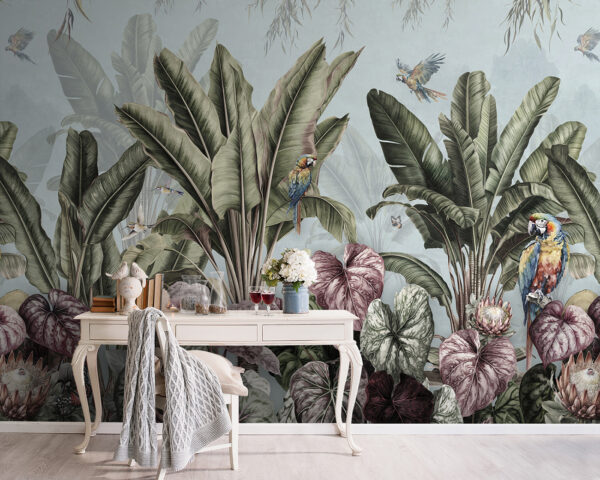 Wallpaper cu plante tropicale și păsări Wallpaper cu plante tropicale și păsări