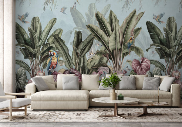 Wallpaper cu plante tropicale și păsări Wallpaper cu plante tropicale și păsări