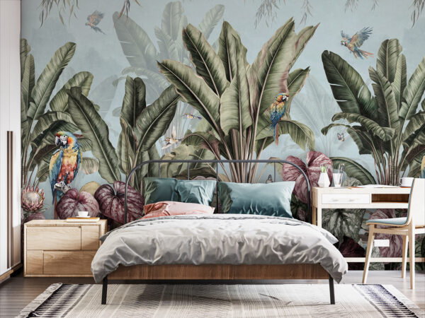 Wallpaper cu plante tropicale și păsări Wallpaper cu plante tropicale și păsări