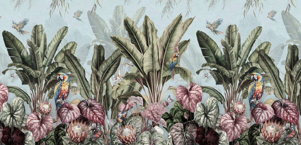 Wallpaper cu plante tropicale și păsări Wallpaper cu plante tropicale și păsări