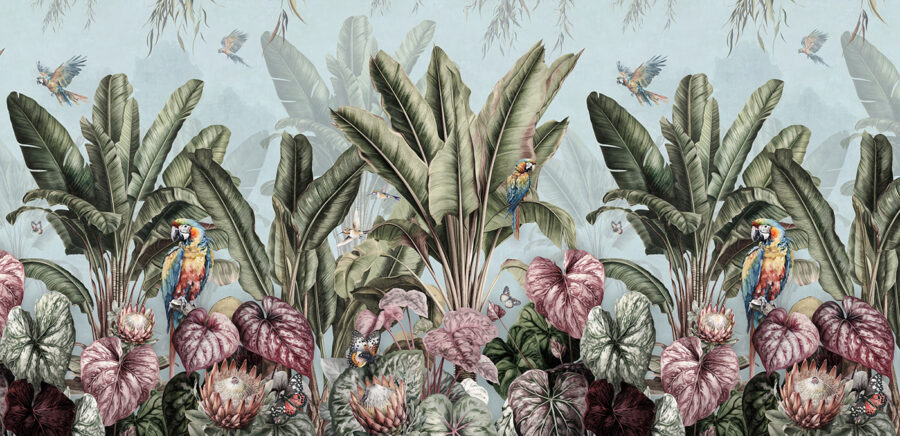 Wallpaper cu plante tropicale și păsări