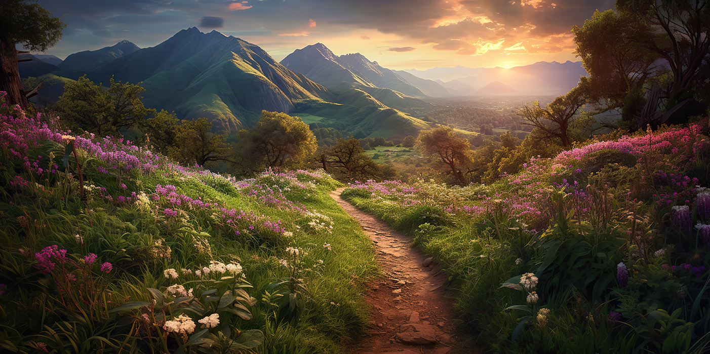 Path through a grassy area with flowers and mountains in the background Path through a grassy area with flowers and mountains in the background