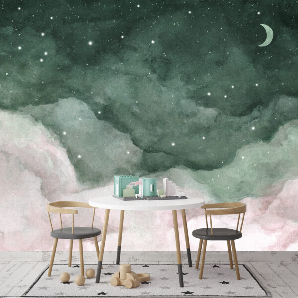 A moon and clouds in the night sky
