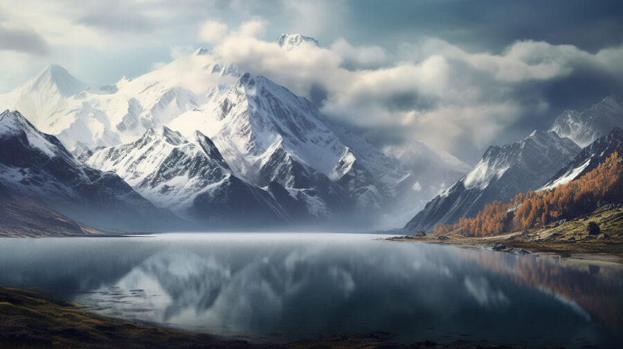 Lac cu munți acoperiți de zăpadă și nori