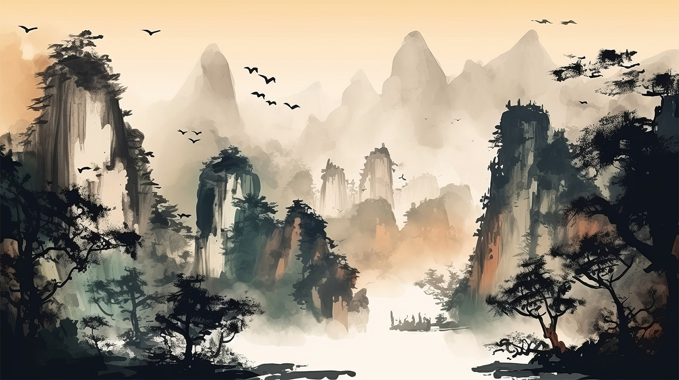 Painting of mountains and trees