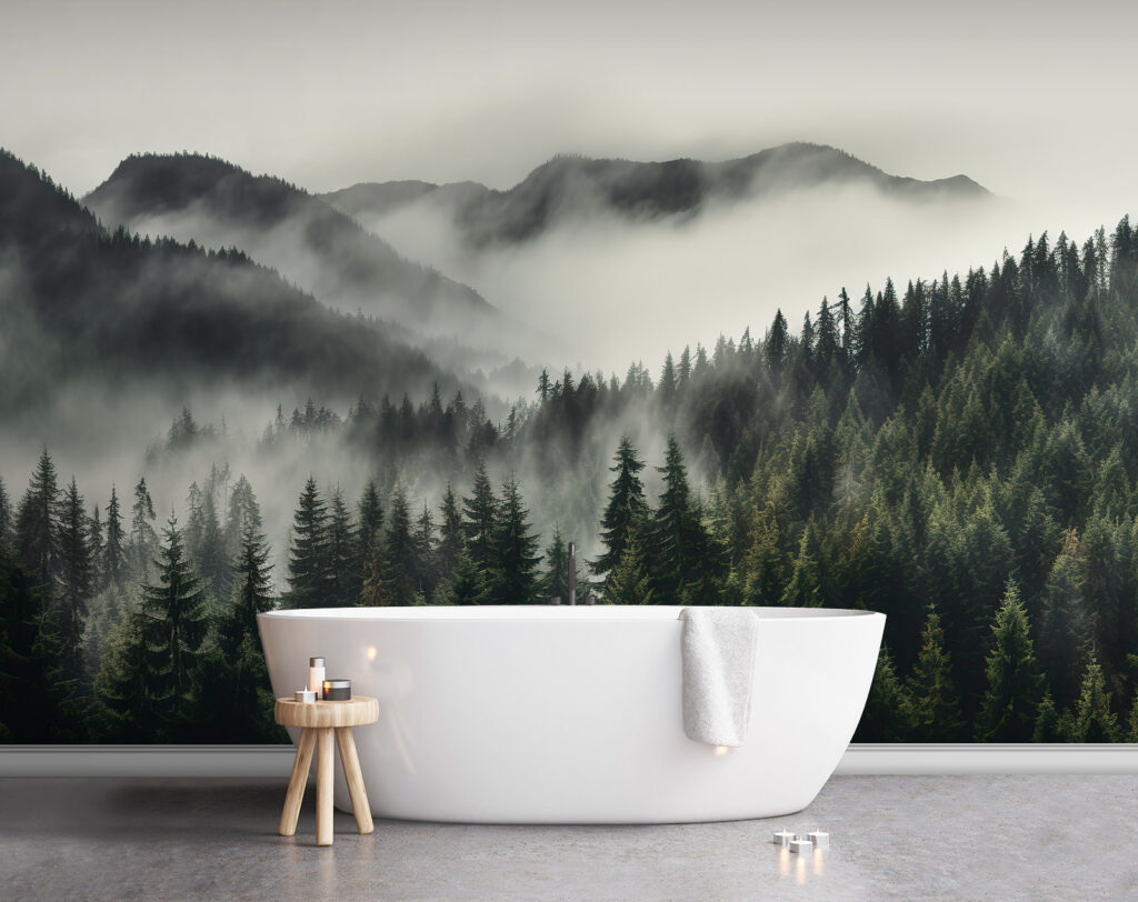 Forest with fog and mountains