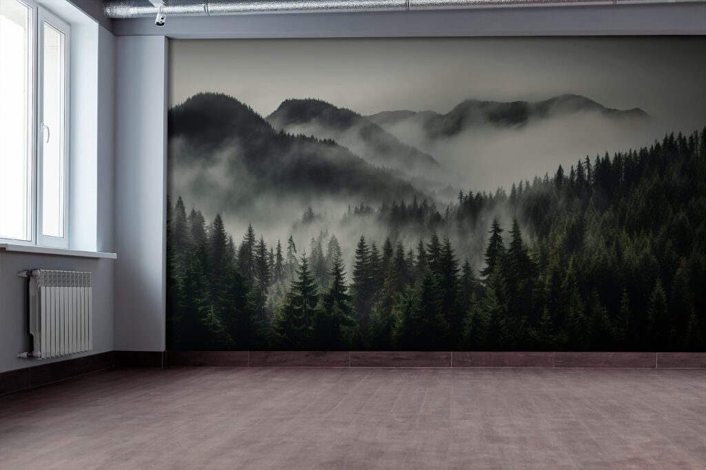 Forest with fog and mountains