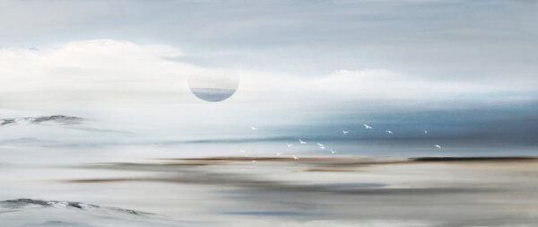 A landscape with birds flying over the horizon