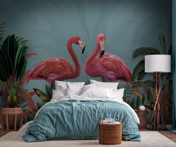 Doi flamingo roz și frunze verzi Doi flamingo roz și frunze verzi
