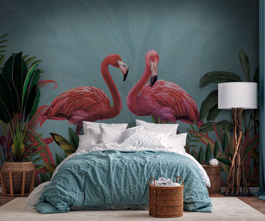 Doi flamingo roz și frunze verzi Doi flamingo roz și frunze verzi