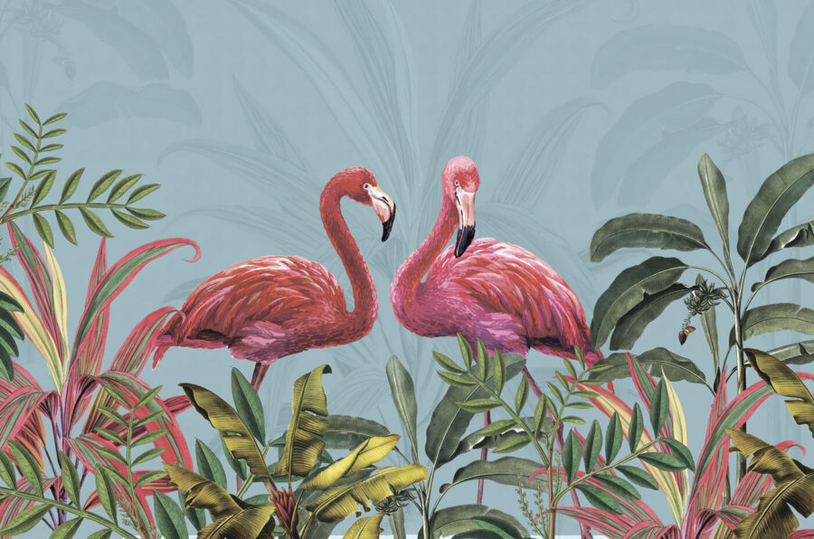 Doi flamingo roz și frunze verzi Doi flamingo roz și frunze verzi