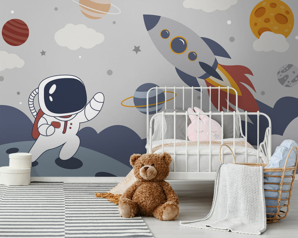 Cartoon an astronaut walking on a planet with a rocket in the sky