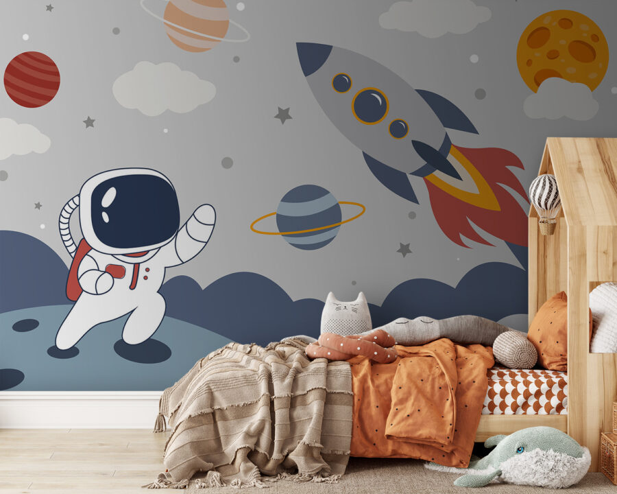 Desen animat un astronaut care merge pe o planetă cu o rachetă pe cer