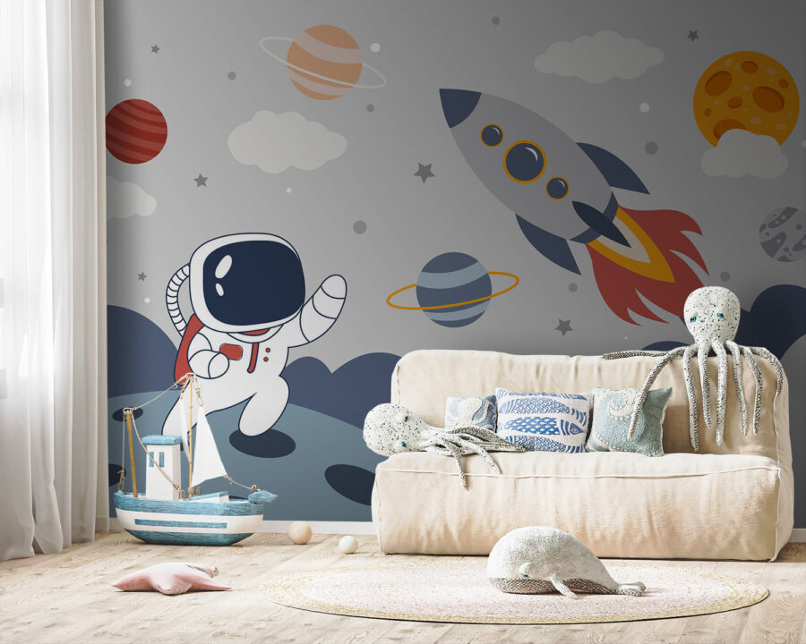 Desen animat un astronaut care merge pe o planetă cu o rachetă pe cer
