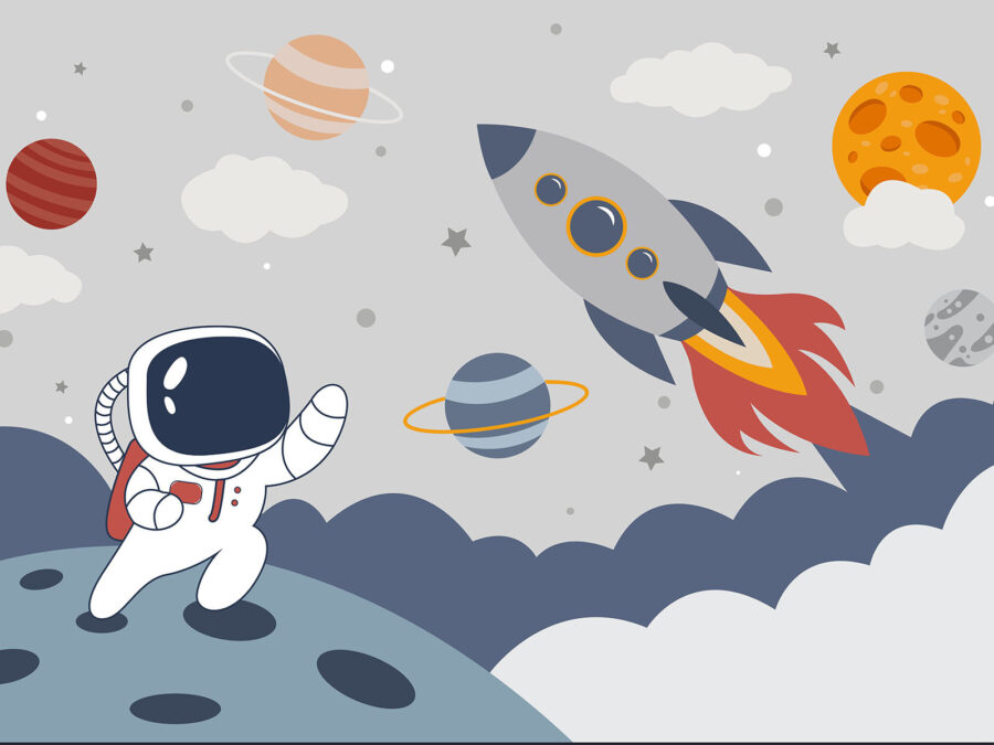 Desen animat un astronaut care merge pe o planetă cu o rachetă pe cer