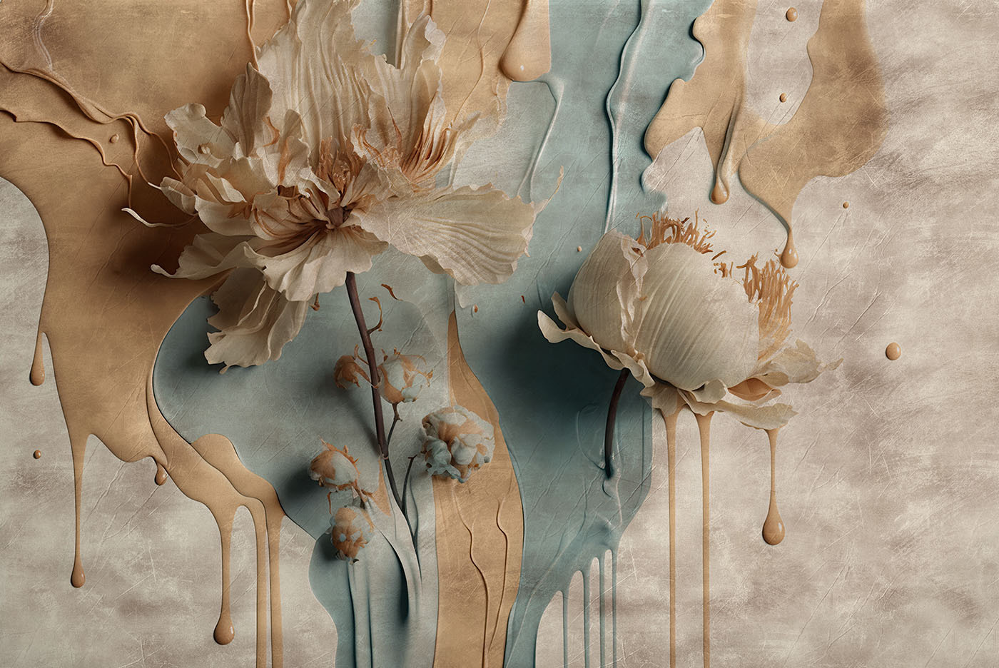 White flowers on a blue and white background