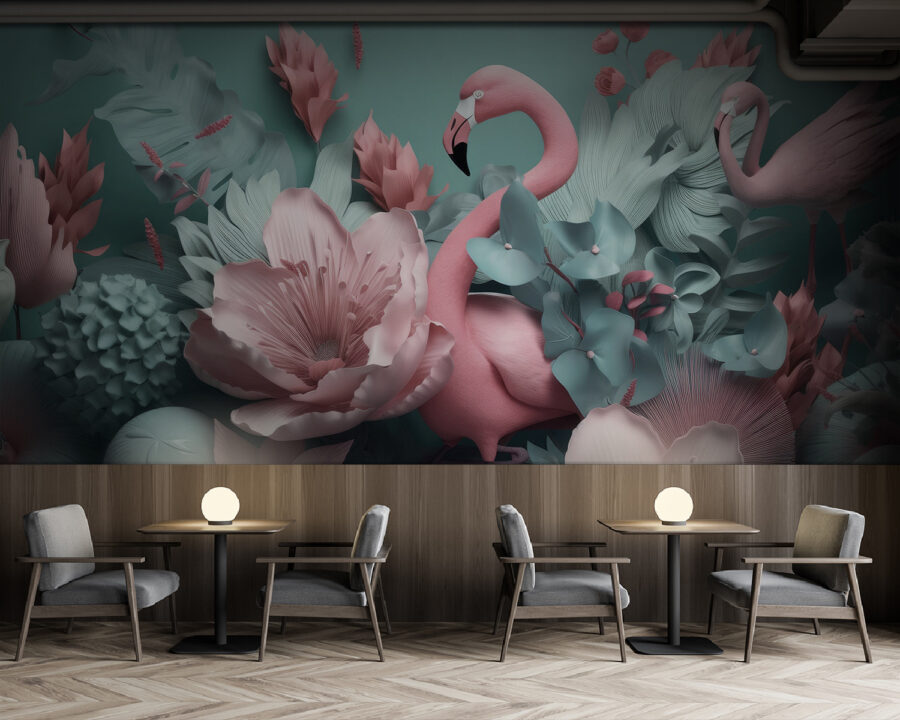 Flamingo roz înconjurat de flori Flamingo roz înconjurat de flori