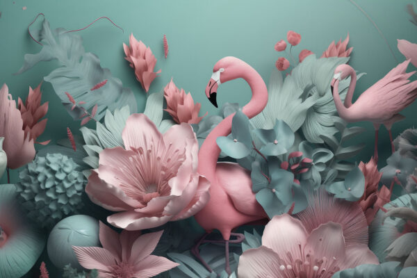 Flamingo roz înconjurat de flori Flamingo roz înconjurat de flori