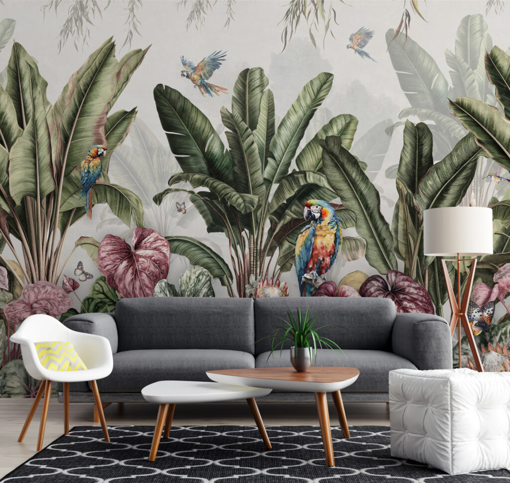 Wallpaper with tropical plants and birds Wallpaper with tropical plants and birds