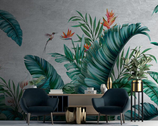 Frunziș tropical cu flori vibrante. Frunziș tropical cu flori vibrante.