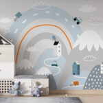 Fototapet Desen animat de un drum cu case și curcubeu