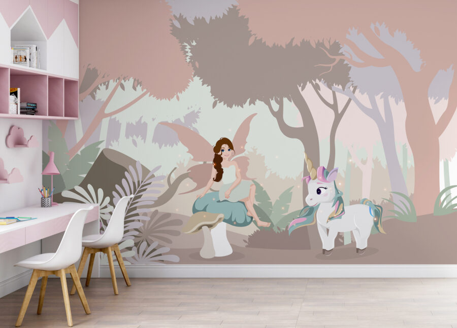 Fototapet Desen animat de o femeie care stă pe o ciupercă cu un unicorn - imagine 3