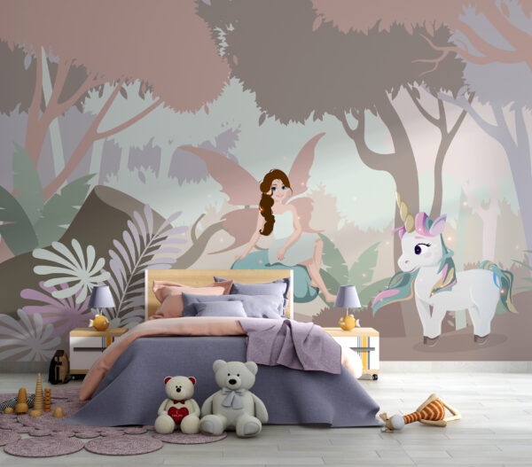 Desen animat de o femeie care stă pe o ciupercă cu un unicorn Desen animat de o femeie care stă pe o ciupercă cu un unicorn