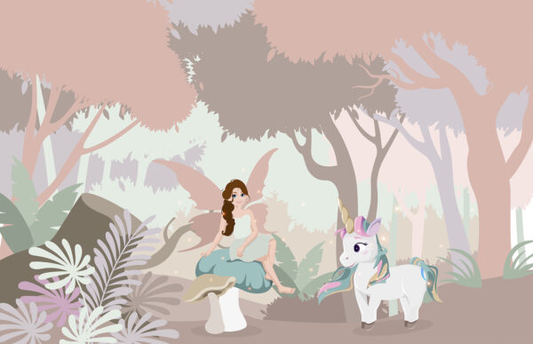 Desen animat de o femeie care stă pe o ciupercă cu un unicorn Desen animat de o femeie care stă pe o ciupercă cu un unicorn