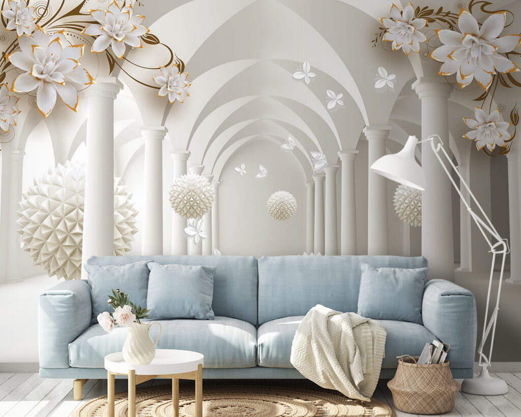 White room with white flowers and white balls White room with white flowers and white balls