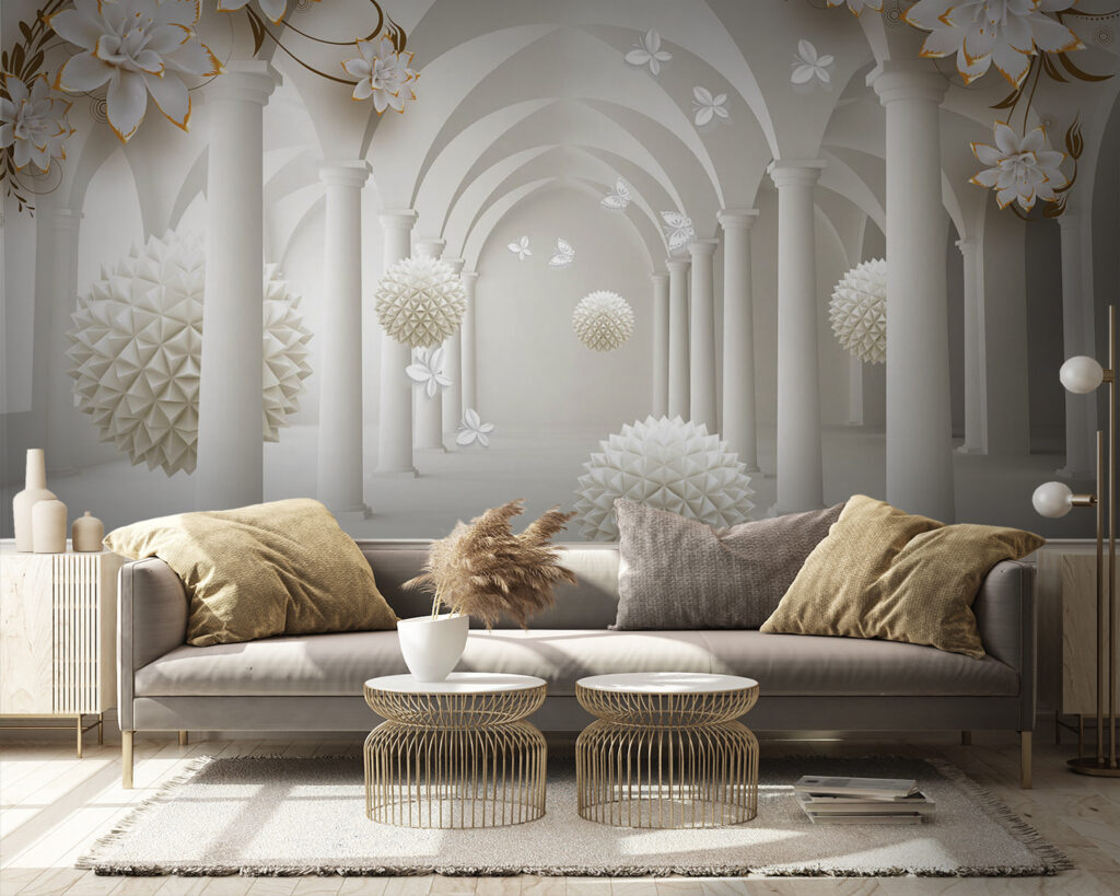 White room with white flowers and white balls White room with white flowers and white balls