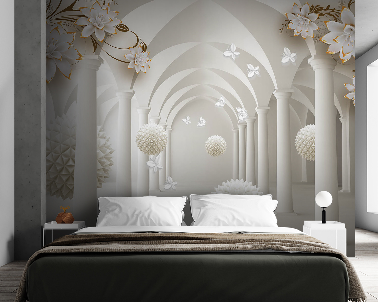 White room with white flowers and white balls White room with white flowers and white balls