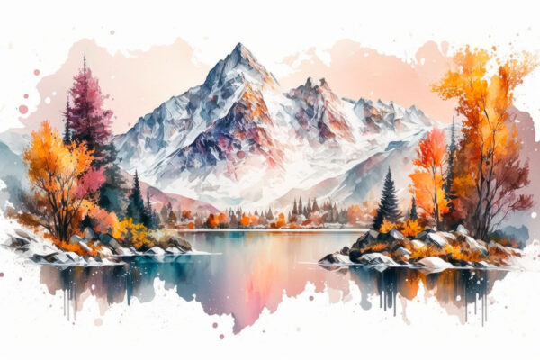 Pictură în acuarelă de un munte și un lac Pictură în acuarelă de un munte și un lac