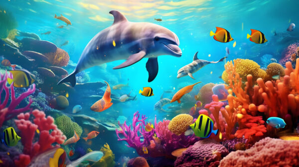 Delfin înotând într-un recif de corali Delfin înotând într-un recif de corali