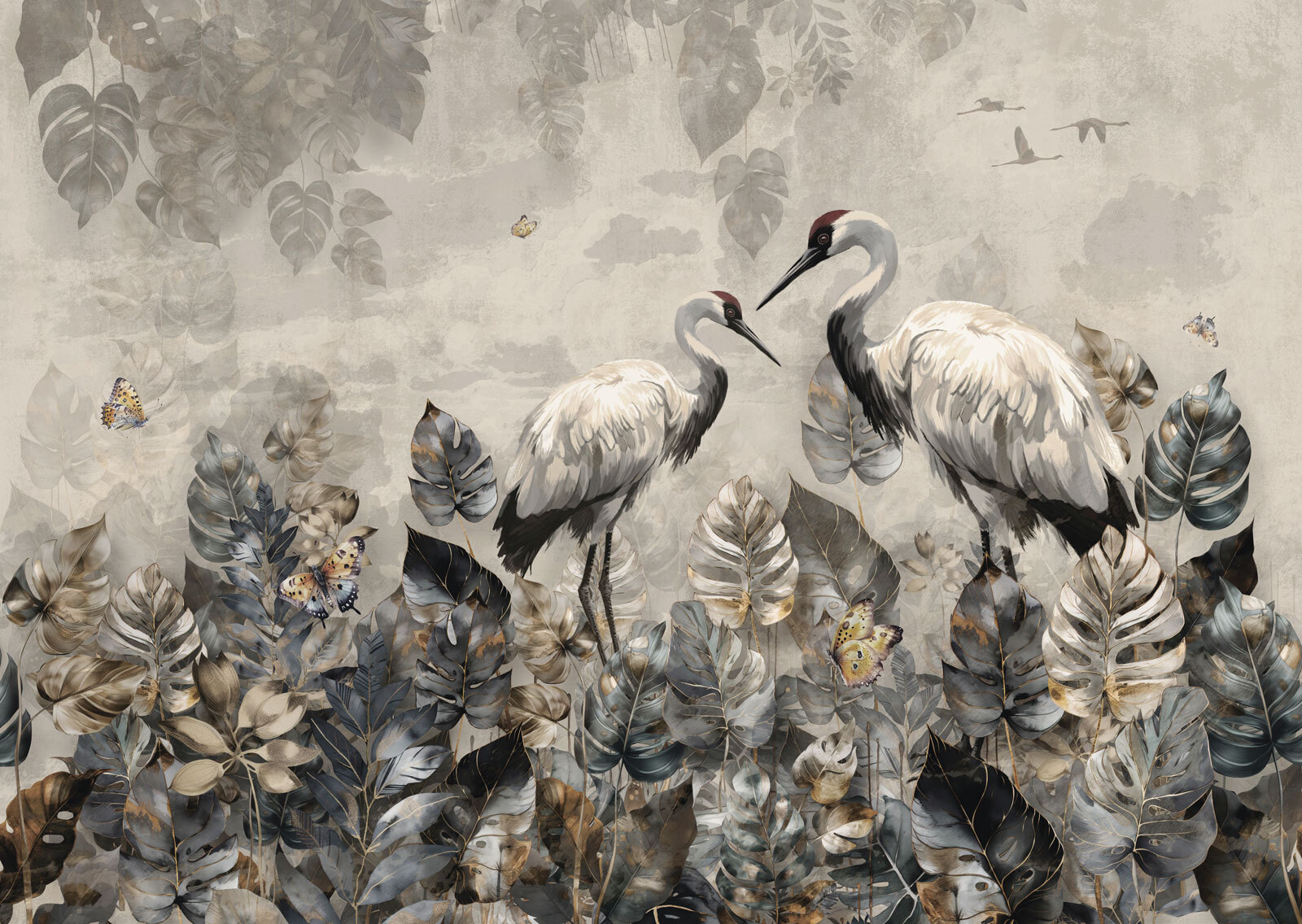 Couple of cranes standing in a field of leaves Couple of cranes standing in a field of leaves